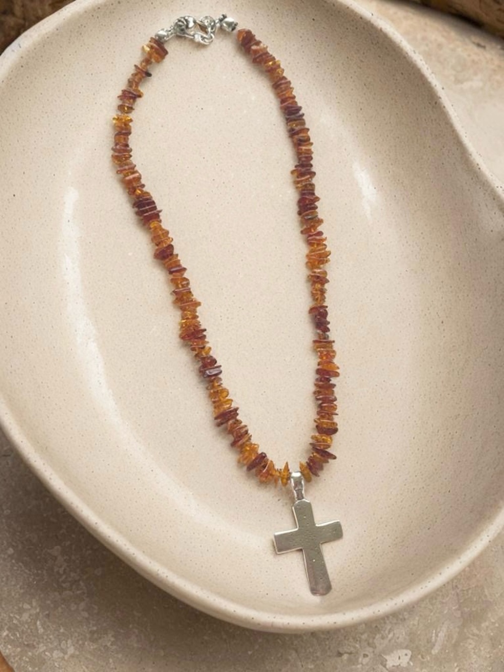 Silpada Amber Chip Bead Sterling Silver Cross Necklace  16” inches + 2” extender